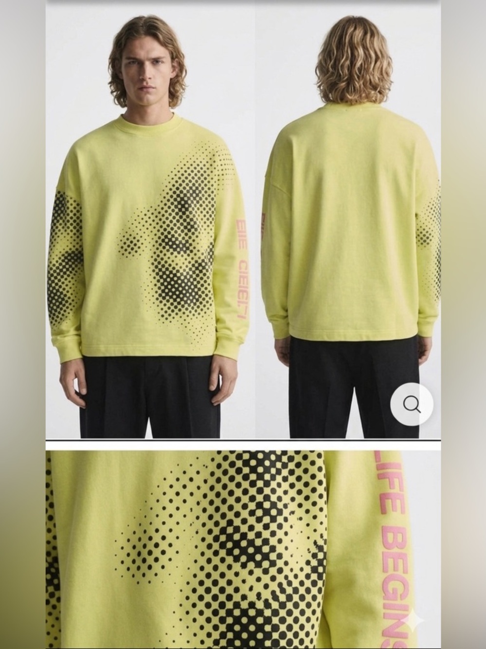 Zara Men's Crewneck Sweater in Yellow with Black Graphic
